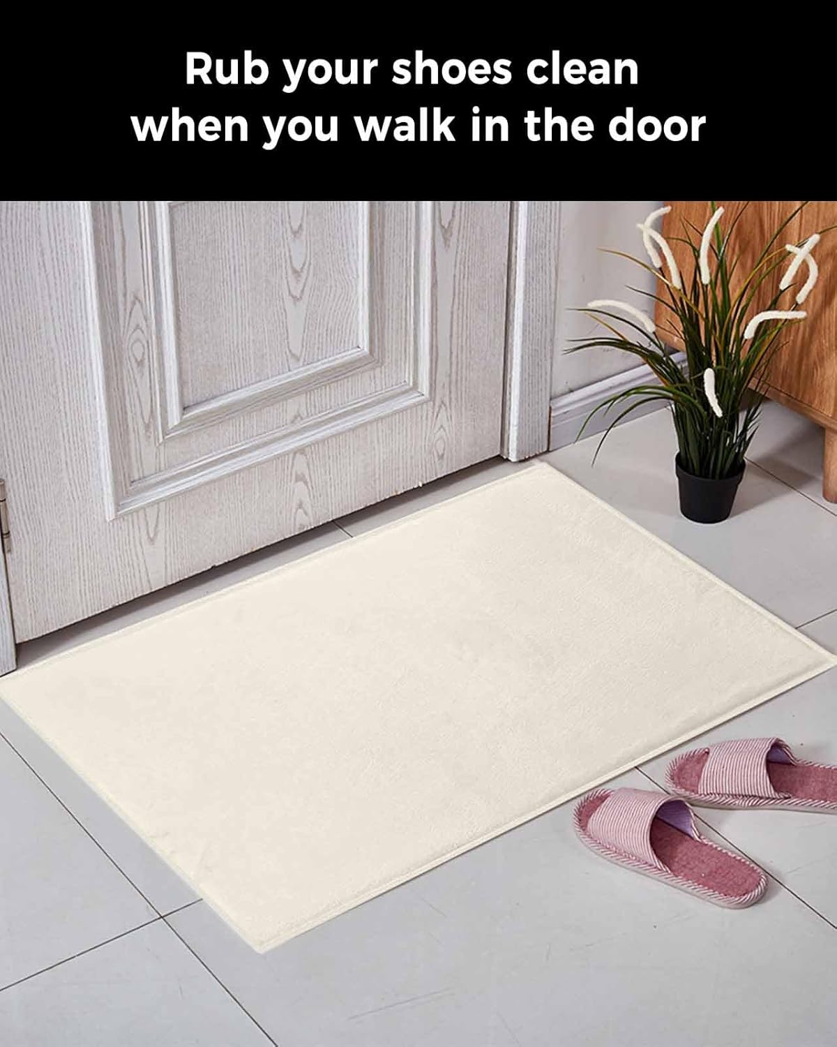 Cream Plush Rug Non Slip Bathroom Mat, Soft Shaggy Bath Rugs Entryway Rug 16'' x 24'', Pure Cream Solid Color Simple Minimalism Art Throw Floor Carpet Mat for Bathroom Shower Kitchen