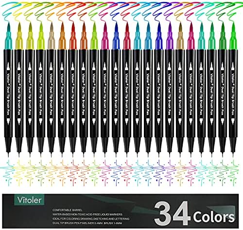 Vitoler Dual Tip Brush Markers Colored Pen,Fine Point Journal Pens & Colored Brush Markers for Kid Adult Coloring Drawing Planner Calendar Art Projects(34 Colors Pen)