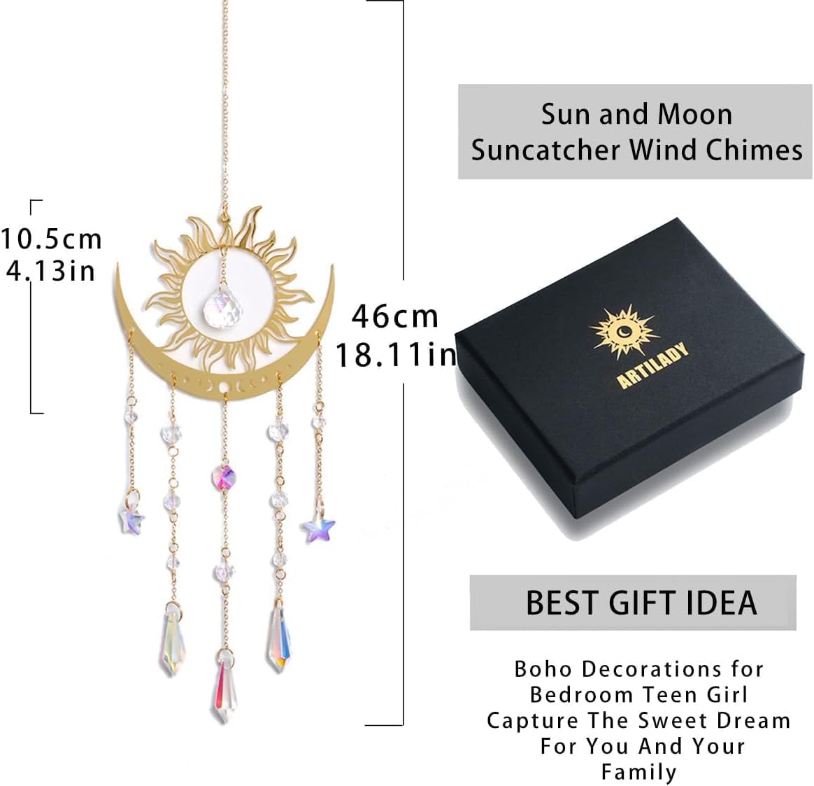 Artilady Suncatcher Crystal Wind Chimes - Large Sun and Moon Sun Catcher for Windows Hanging Prism Crystals Boho Home Garden Backyard Room Ceiling Decor Christmas Birthday Gift for Women - Image 6