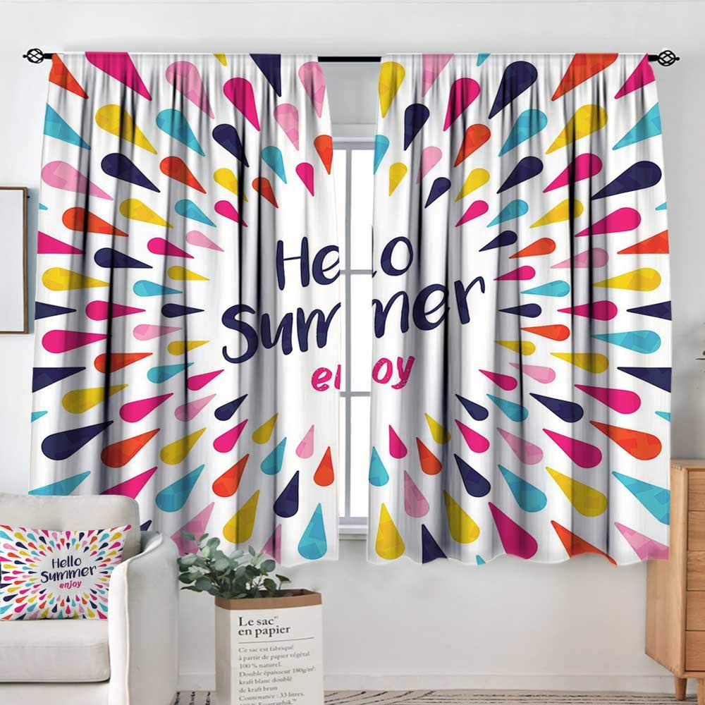 Elliot Dorothy Home Decoration Thermal Insulated Curtains Hello,Hello Summer Enjoy Wording Printed in The Center of Vivid Colored Bursting Raindrops,Multicolor,for Bedroom,Nursery,Living Room 63"x72"
