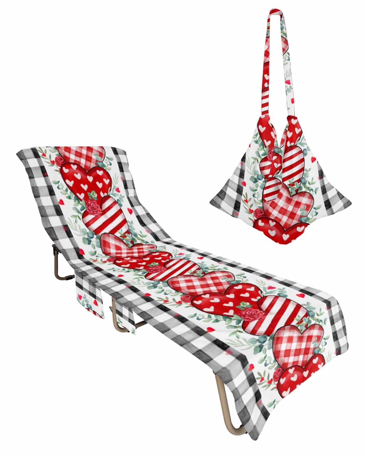 Valentine's Eucalyptus Love Beach Chair Towel Covers for Chaise Lounge with Side Pocket, Soft Plush Pool Towels Cover for Patio Sunbathing Outdoor 29''x85'' Buffalo Plaid Black Plant