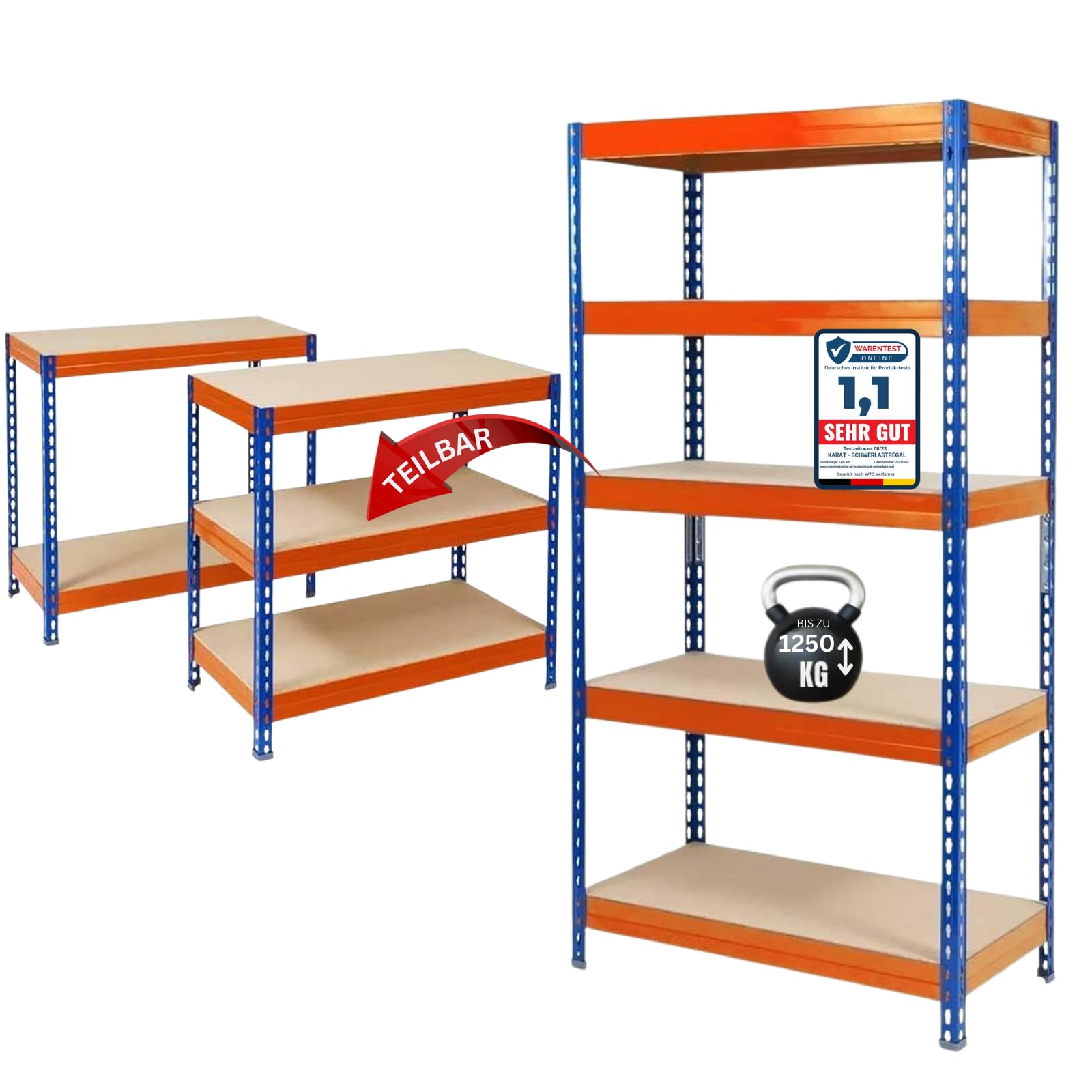 KARAT schwerlastregal - Steckregal, Kellerregal, Lagerregal, Werkbank - Traglast bis 1250 kg - Schnelle Montage & Standsicher (Blau-Orange, 180 x 90 x 60 cm)