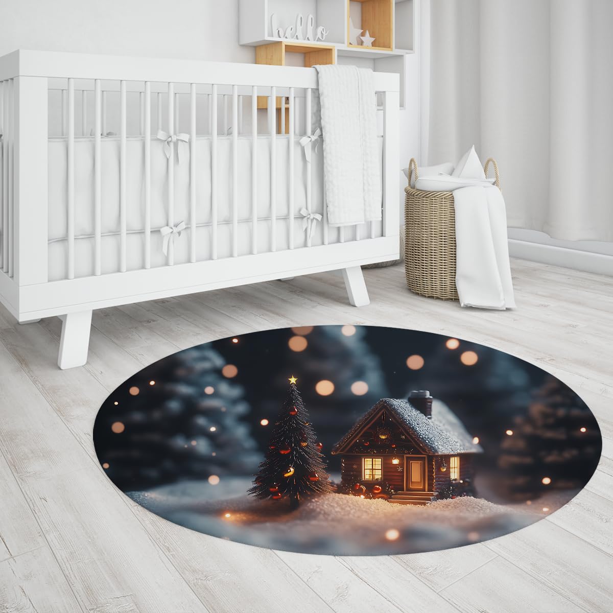 Decoración navideña Zona Redonda Alfombra Lavable Antideslizante Alfombra de Suelo Fino Pino nevado Cabaña Alfombras acogedoras para salón Dormitorio Sala de Juegos 80x80cm