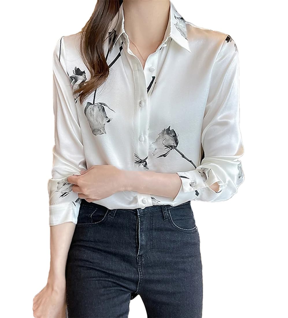 Camisas De Mujer Camisas Florales De Satén Camisas con Estampado De Seda De Oficina Tops De Gran Tamaño