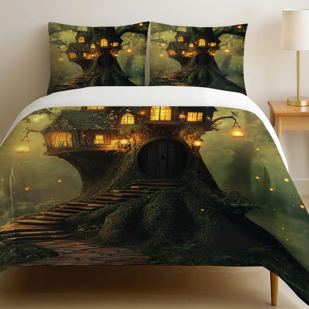 Housse de couette microfibre 3D verte motif cabane dans les arbres lit enfant 200x200