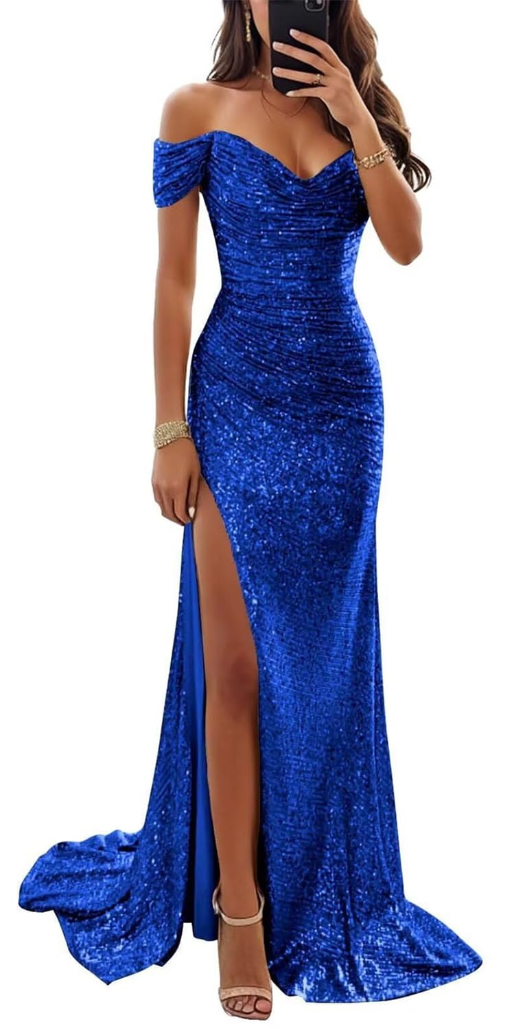 YIANN Royal Blue Sequin Mermaid Prom Dresses for Women Sparkly Bridesmaid Dress with Slit Off Shoulder Formal Evening Party Gown UK6