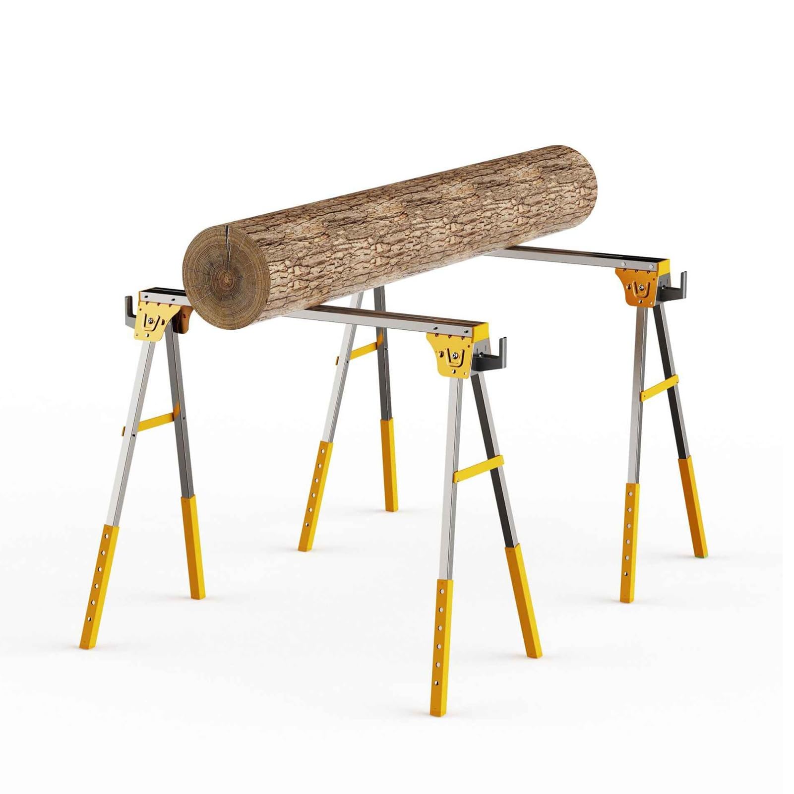 Chevalet de sciage pliable avec pieds réglables et crochets latéraux, construction en acier robuste pour soutien sur chantier et couper du bois de chauffage, capacité de 300 kg