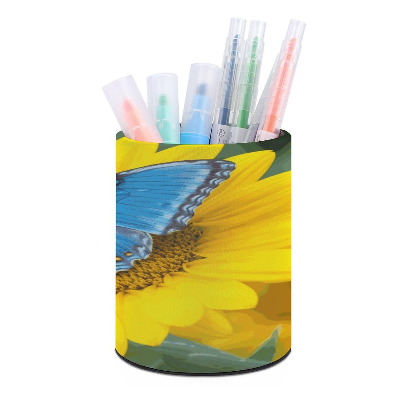LDGSUPH Sunflower Blue Butterfly Round Pen Holder Leather Pen Cup Pencil Cup Pen Organizer Pencil Holder for Desk Organizer Pencil Organizers Makeup Brush Holders for Home Office Gift