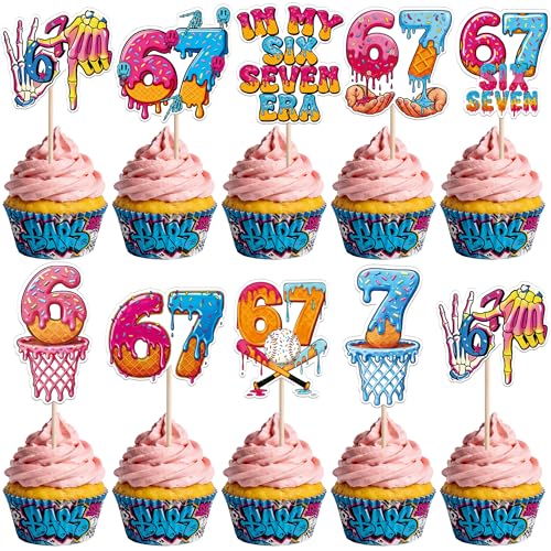 36 PCS 6 7 Party Decorations Funny Six Seven Cupcake Toppers Double Sided Baseball Funny 6 7 Birthday Cake Decorations for Donut Ice Cream Six Seven Meme Birthday Party Cupcake Decorations Supplies