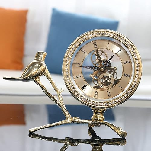 Miniatura 8 de Reloj de mesa redondo con 1 pájaro, reloj de mesa familiar vintage sin tictac, reloj de mesa a pilas, relojes de estante de metal con diamantes de