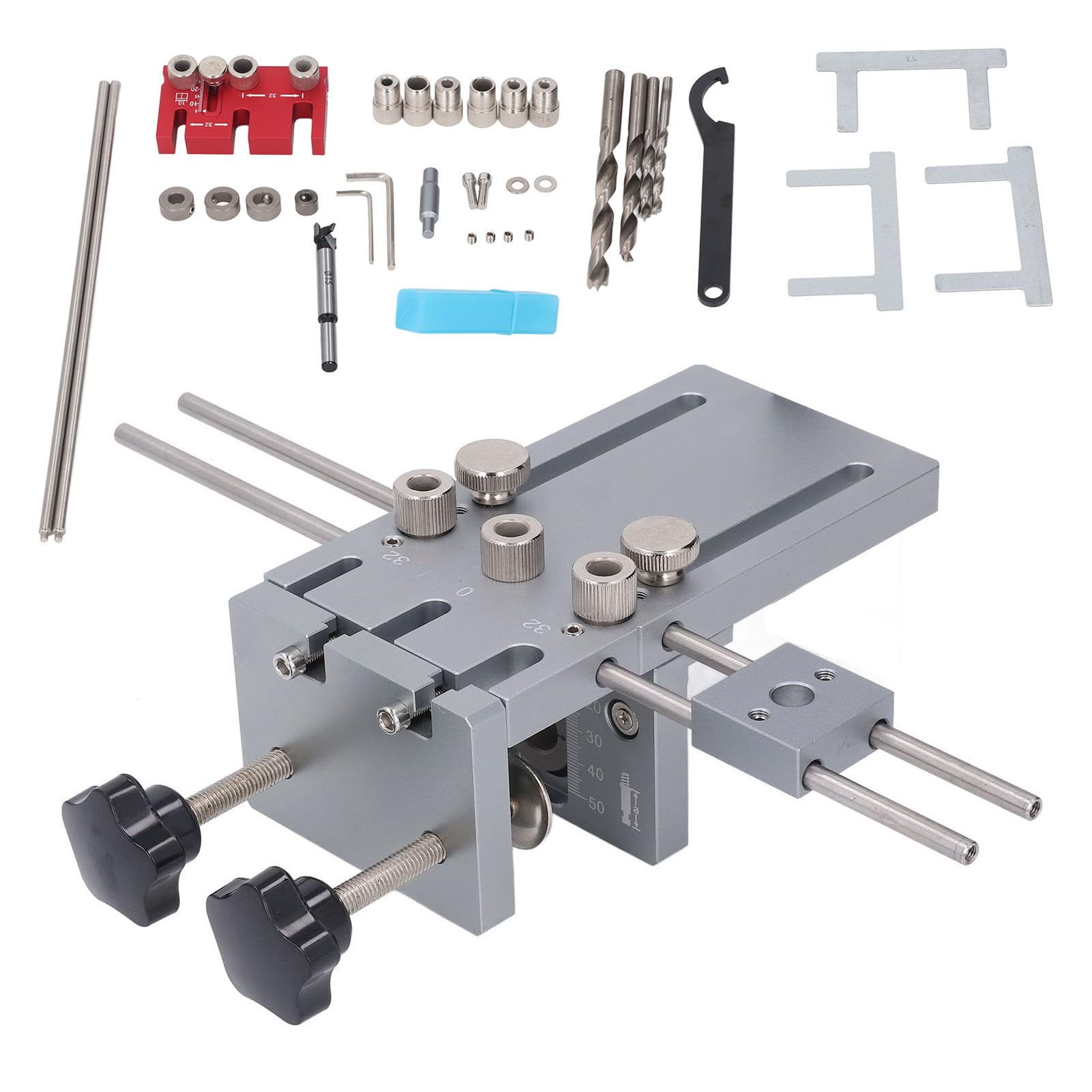 Fabater Taschenlochlehre, 3-in-1 Verstellbares Dübellehren-Set, Bohrführung aus Aluminiumlegierung mit Verlängerter Positionierungsstange, 600 Mm, Selbstzentrierend, für Holzbearbeitung,
