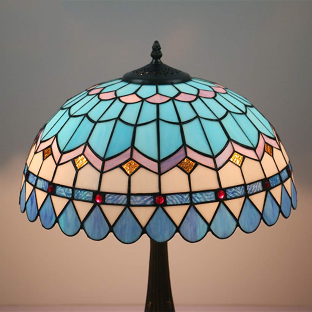 Śródziemnomorska witrażowa lampa stołowa 40 cm szerokości niebieski klosz do salonu antyczna kawa biurko obok sypialni A (b)