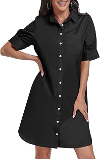 Womens Button Down Shirt Dress Summer Short Sleeve Business Casual Shift Dresses with Pockets 2025 Trendy - Buy now