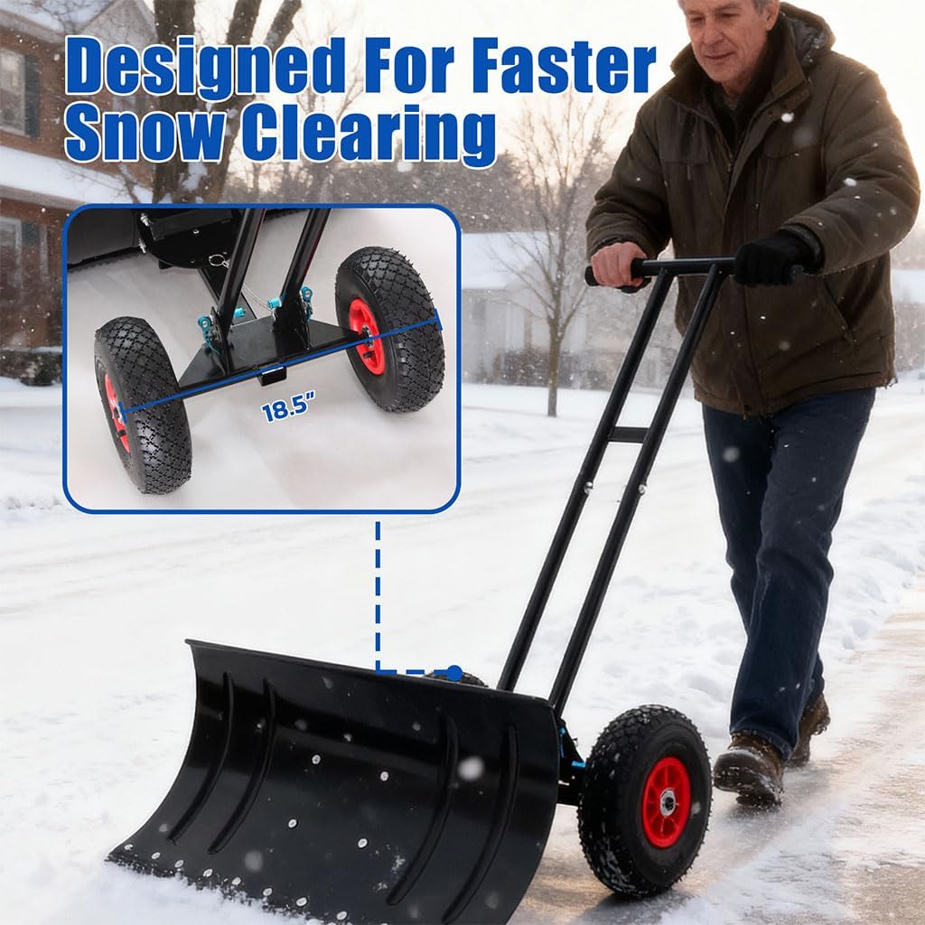 Heavy-Duty Snow Shovel with Wheels, 30" Wide Metal Snow Pusher with Adjustable Height & Angle Handle, Carbon Steel Blade, Ergonomic Double-Rod Design for Driveway, Sidewalk, and Path Snow Removal