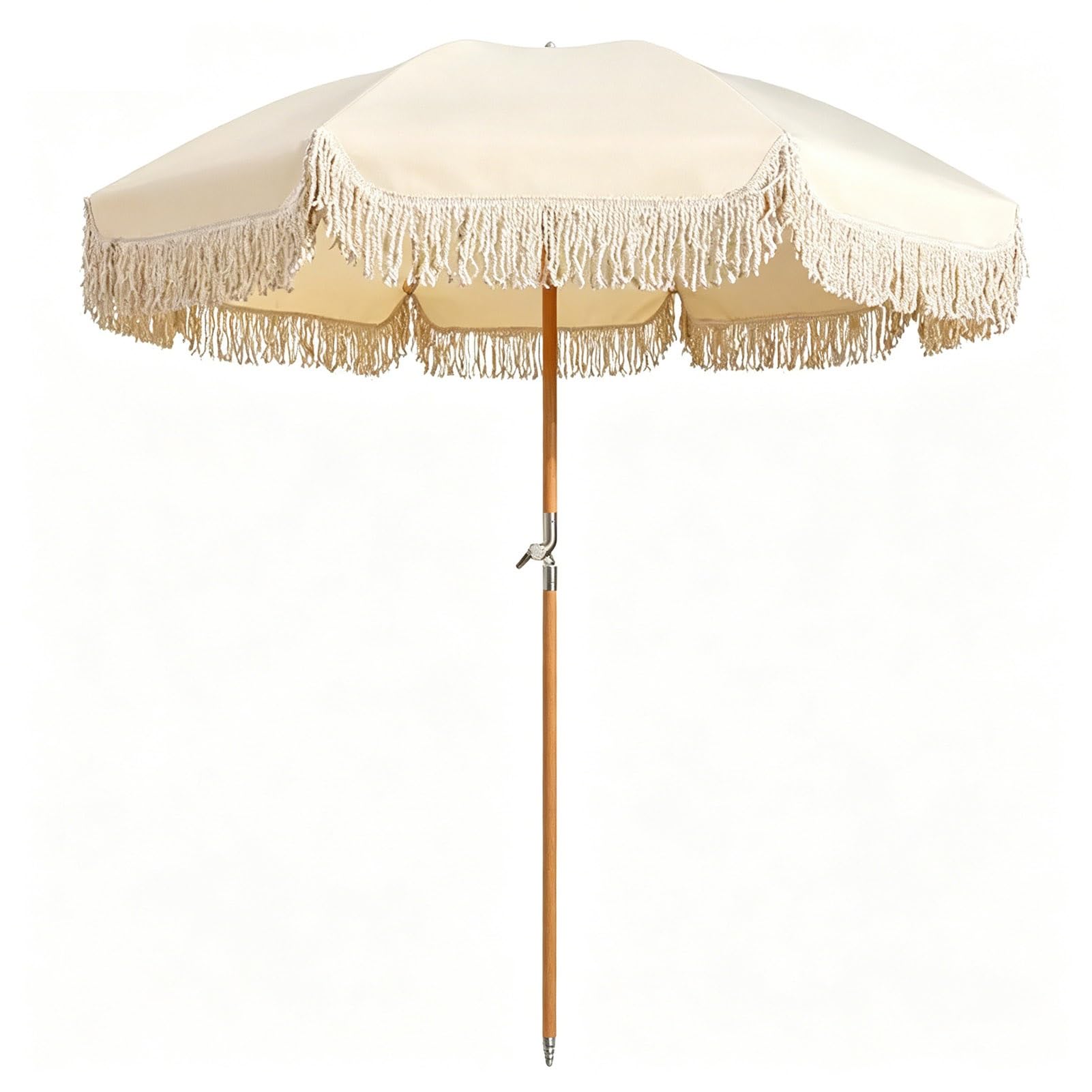200 cm Parasol Plażowy Boho z Pochylanym Drewnianym Drążkiem, UPF 50+ Składany Parasol Przeciwsłoneczny z Frędzlami i Torbą Transportową