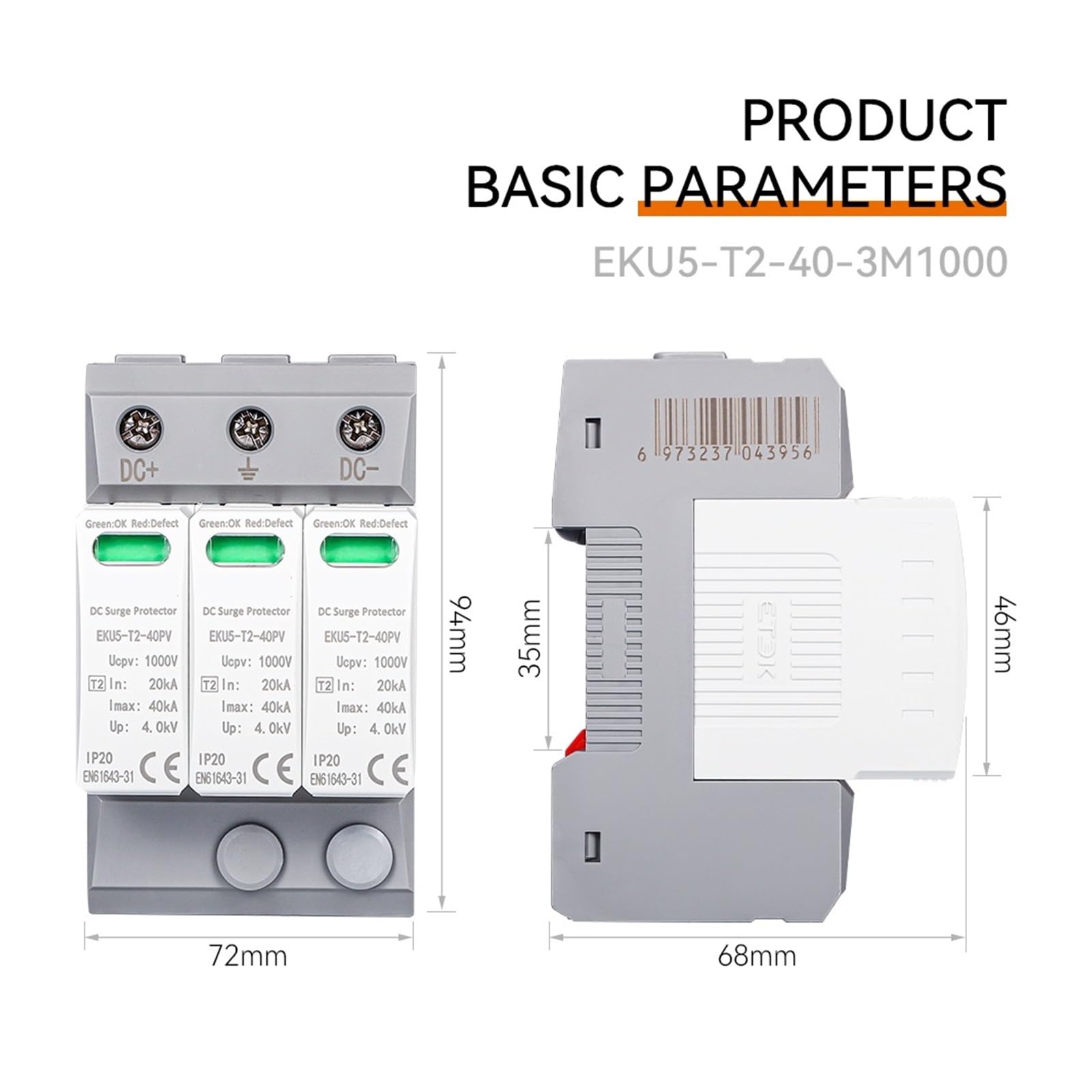 dispositivos de protección contra sobretensiones Dispositivo de protección contra sobretensiones doméstico tipo PV SPD 3P DC 1000V 20-40KA pararrayos protección de bajo voltaje EKU5-T2-40PV-3M1000