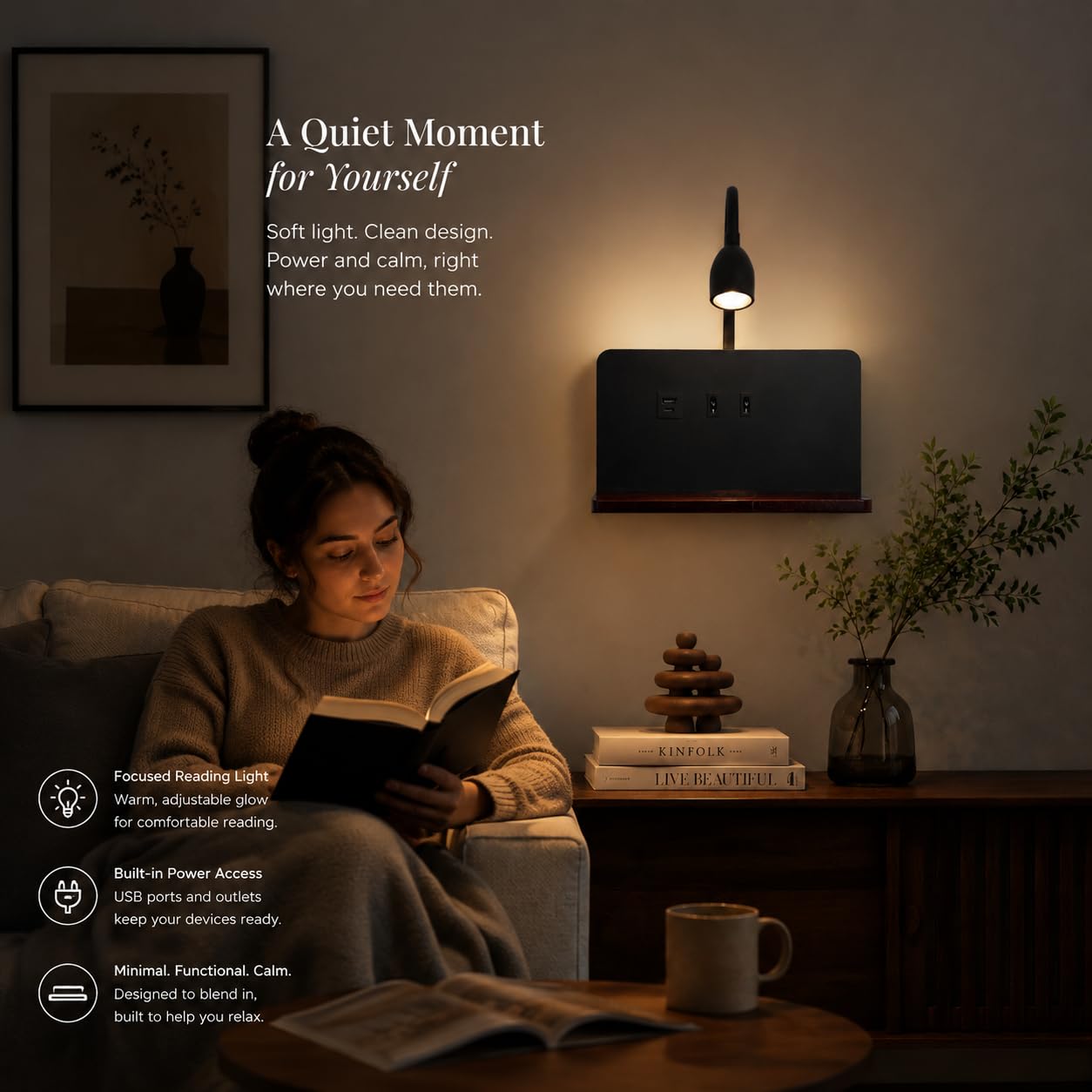 Schwarz LED Wandleuchte innen Holz Wandlampe schlafzimmer mit USB-A&USB-C Anschluss+15W Wireless Charger, Flexibler Schwanenhals Leselampe Bett 3 Farbtemperatur Modi, Bettlampe mit Stecker 1,5m Kabel