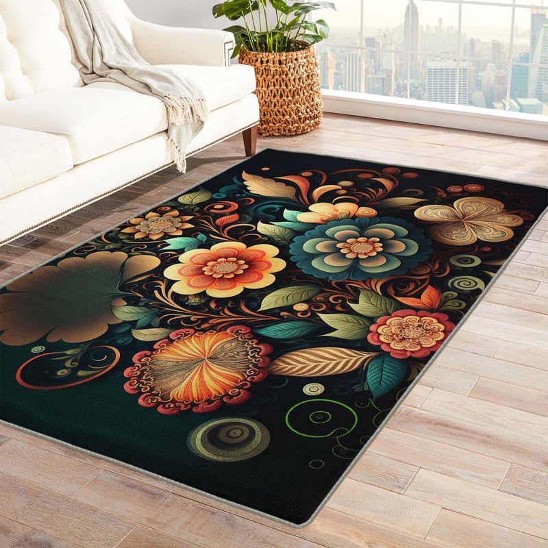 Alfombras de flores para dormitorio, sala de estar, alfombras de área de plantas florales de 4 x 6 pies, lavables, antideslizantes, suaves, alfombra