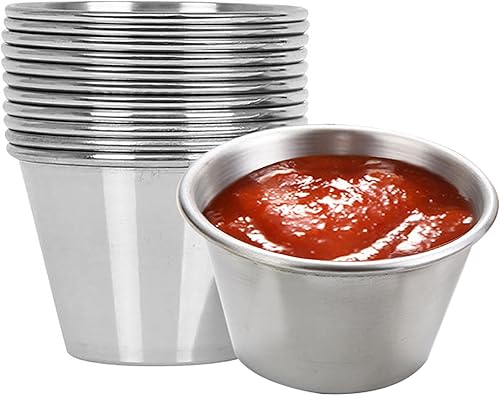 Paquete de 12 tazas de salsa Ramekin de acero inoxidable de 2.5 onzas, tazas de condimentos individuales redondos, cuencos de salsa de salsa para
