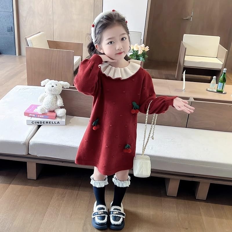 Girls Sweater Dress Ruffled Collar Pom Pom Cherry Decorated Knit Long Sleeve Dress Girls Cute Dress for 2-7 Years2