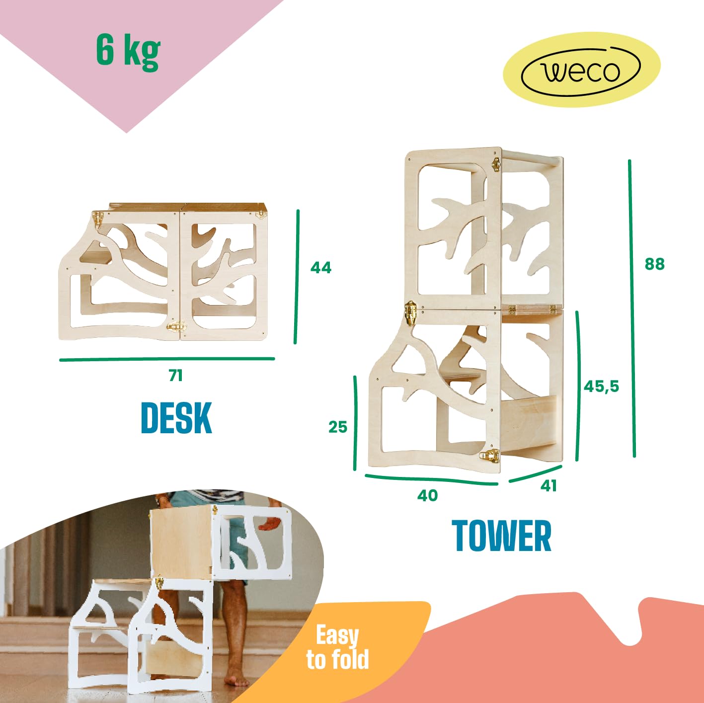 Weco Montessori Kinder Lernturm 2 in 1 Baum Design Tritthocker FSC Zertifikat Schreibtisch Montessori Möbel Küchenhelfer klappbar Stylisch Lernturm (Lackiert)