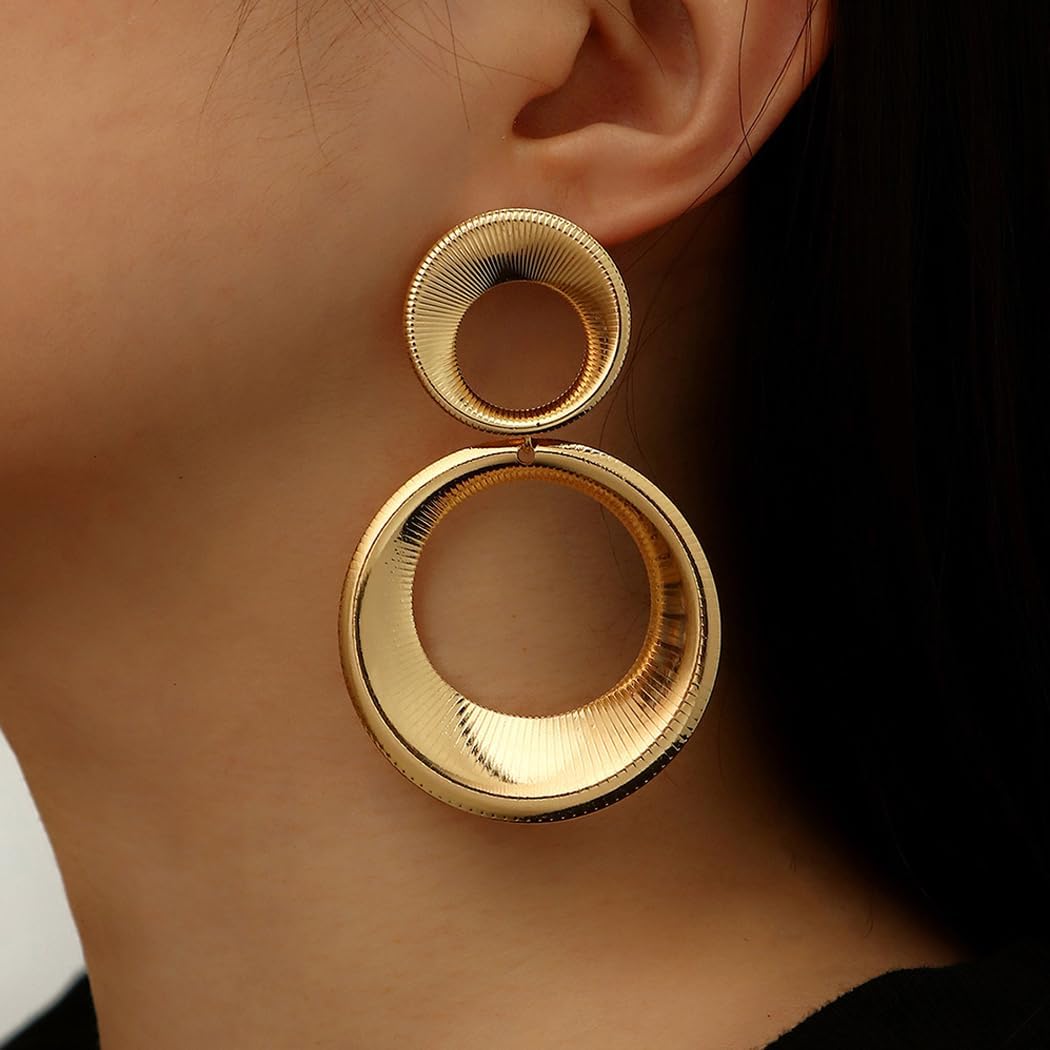 Large Gold Statement Hoop Dangle Earrings for Women Chunky Double Circle Dangling Earrings Fashion Geometric Drop Earrings Jewelry Gifts - Image 3