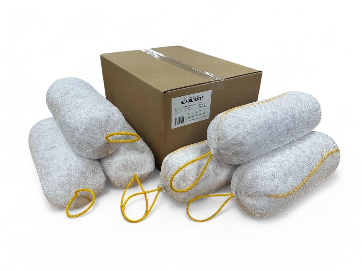 Boom Absorvente de Óleo 8″ x 18″ (6 Unidades por Caixa) - Feito com Polipropileno Reciclado para Absorção de Óleo, Combustível e Diesel
