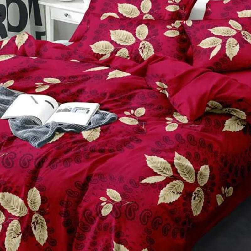 Image of Polycotton Single Bed Bedsheet, Flat Sheet with 1 Pillow Cover, Queen (60x90 inch), 300 TC, Red & Golden, Set of 2