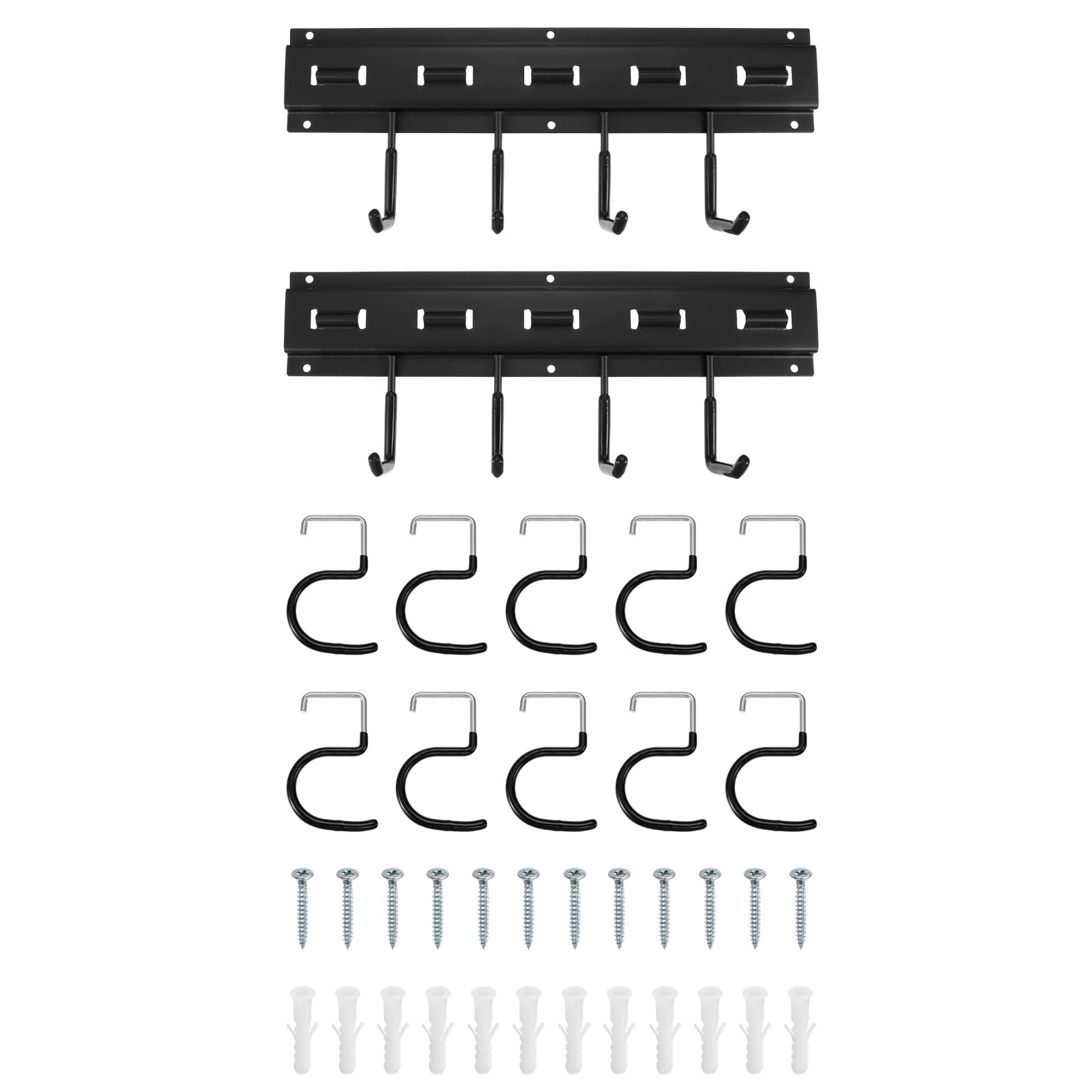 QUARKZMAN Portaherramientas de Jardín Kit, Soporte Metálico de Pared Empalmable con Ganchos Negro para Herramientas Colgador para Escobas Fregonas Sótano Garaje, 82cm Largo Total