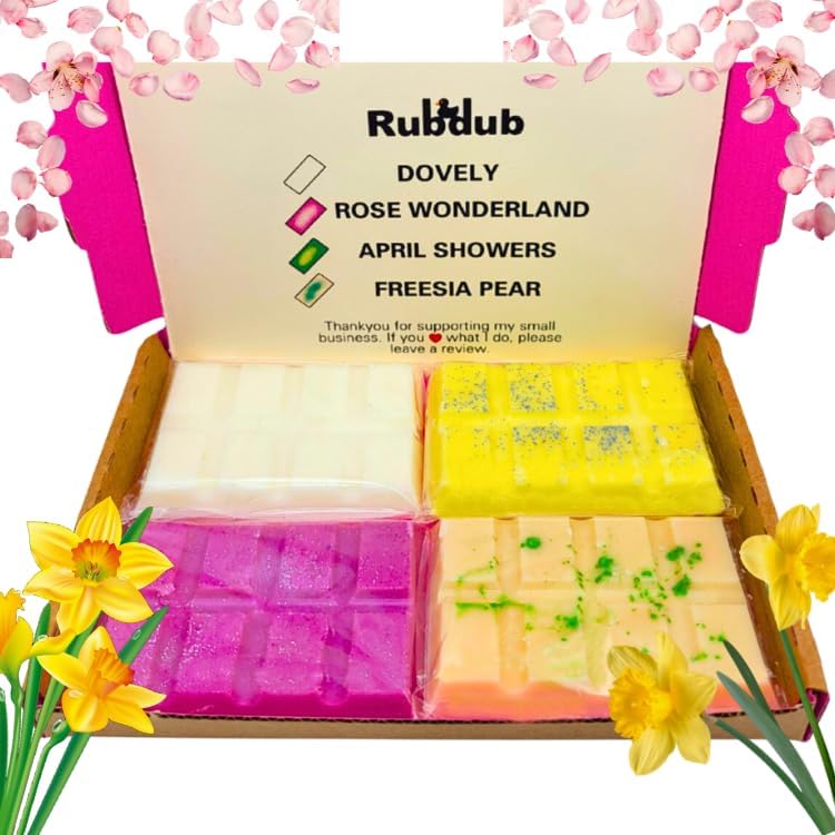 Rubdub 4 X 30G Soy Wax Melt Snap Bars (April Showers/Pear & Freesia/Rose Wonderland/Dove) – 100 Hours + Burn Time – Highly Scented – Wax melts gift set, Wax melts strong scented (Spring Collection) Rubdub 4 X 30G Soy Wax Melt Snap Bars (April Showers/Pear & Freesia/Rose Wonderland/Dove) – 100 Hours + Burn Time – Highly Scented – Wax melts gift set, Wax melts strong scented (Spring Collection)