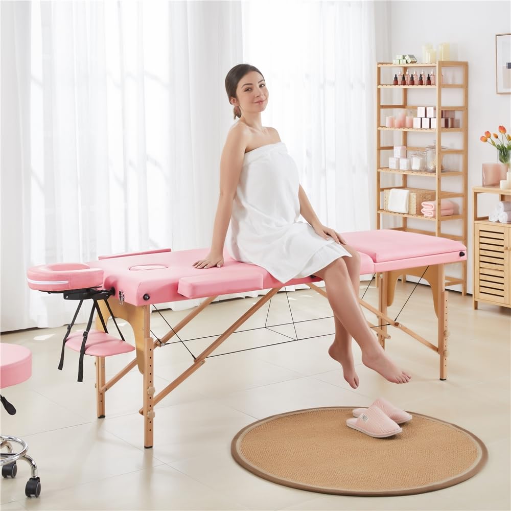 Yaheetech Lettino da Massaggio Portatile a 3 Zone Pieghevole in Legno Faggio 213 x 57 cm Altezza Regolabile con Poggiatesta Rosa