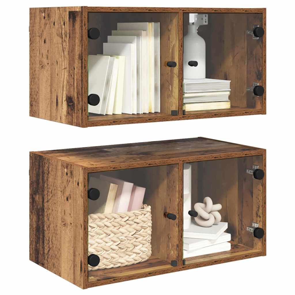 2er Set Wandschränke Altholz Optik, 68x37x35 cm Hängeschrank mit Glastüren, Holzwerkstoff, für Wohnzimmer und Büro