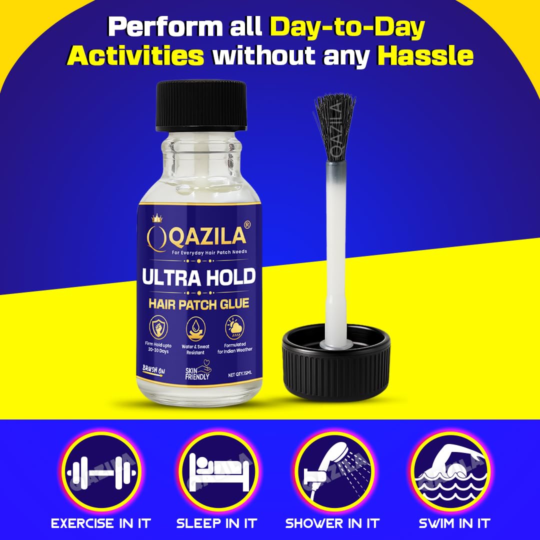 Qazila Ultra Hold Glue for Hair Patch | Hair Wig Glue | Water & Sweat Resistant | Hold upto 20-30 days | Skin-Friendly | Suitable For Indian Weather | Acrylic Base | 15 ml 3