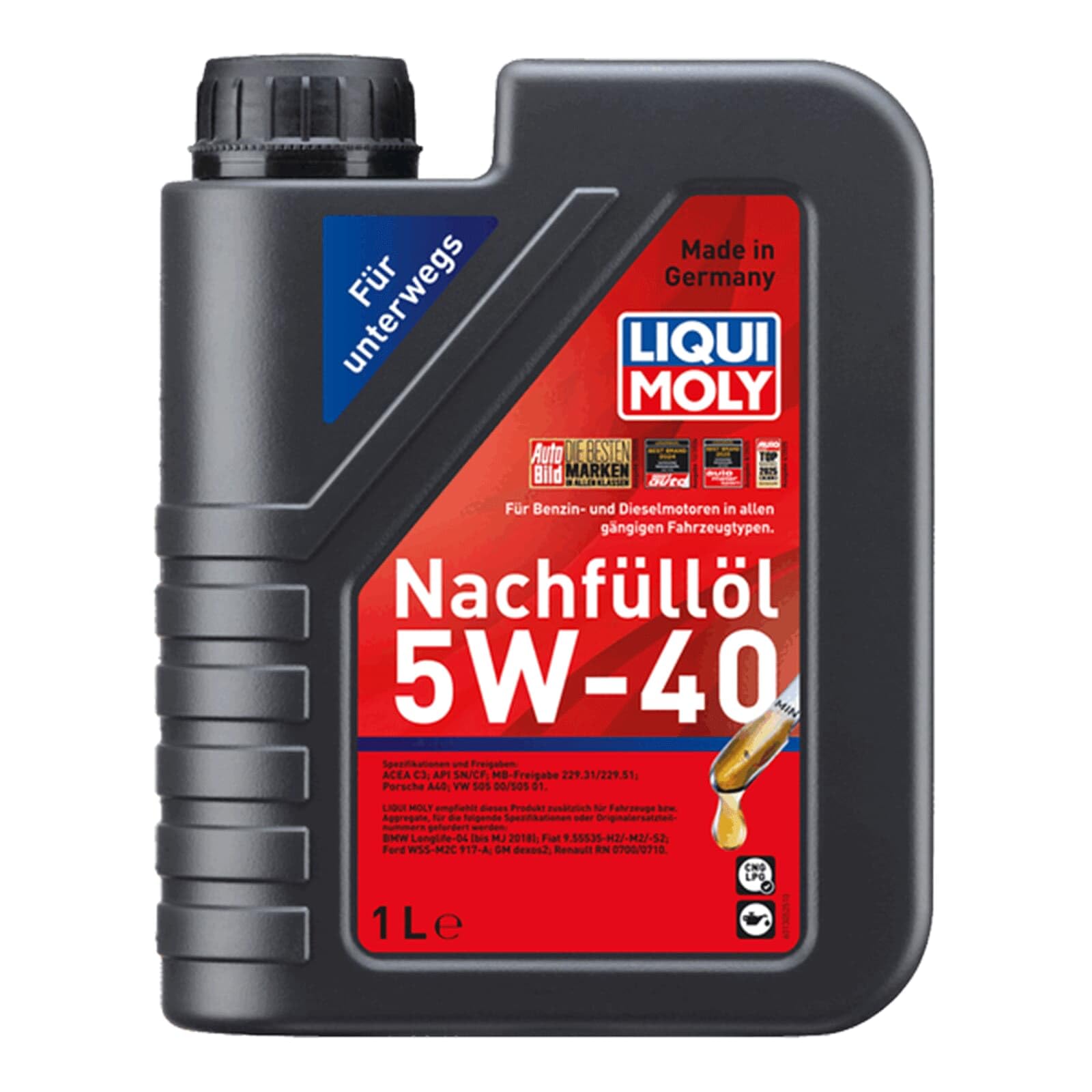 LIQUI MOLY Nachfüll-Öl 5W-40 | 1 L | Synthesetechnologie Motoröl | Art.-Nr.: 1305, farblos