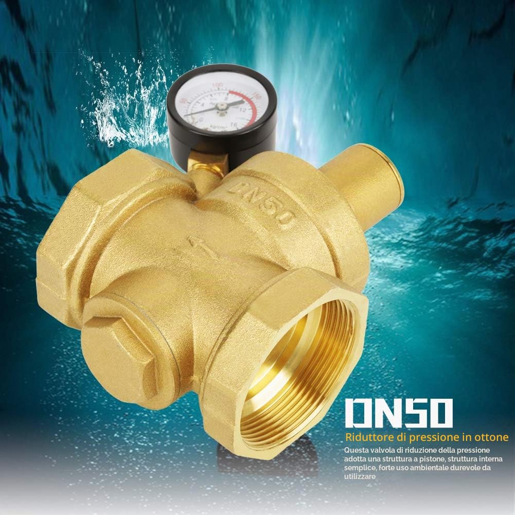 Riduttore di Pressione Acqua, DN50 7,25-116psi Valvola di Sicurezza Scaldabagno Alta Pressione Riduttore di Pressione dell'Acqua in Ottone con Manometro per Camper e Filtro di Ingresso Schermato