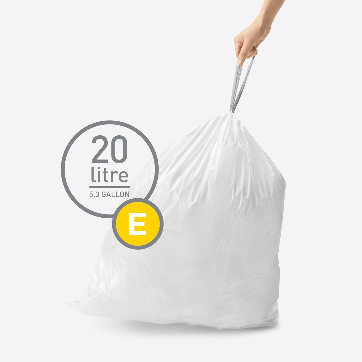simplehuman Code E 200 Count, Dispenser Pack Custom Fit Liners, Drawstring Trash Bags, 20 Liter / 5.3 Gallon, White
