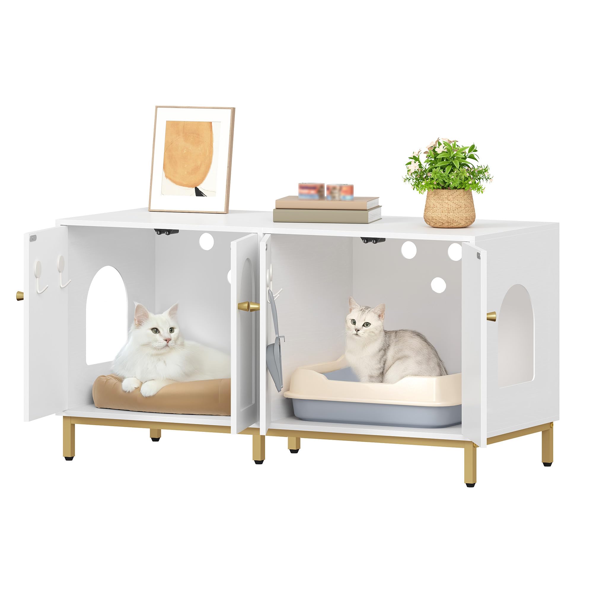 Hzuaneri Caja de Arena para 2 Gatos, 119cm Mueble para Caja de Arena Oculta, Casa de Madera para Mascotas, Mueble de Almacenaje, Se Adapta a la Mayoría de Arenero Gato, Blanco-Oro CB82313A