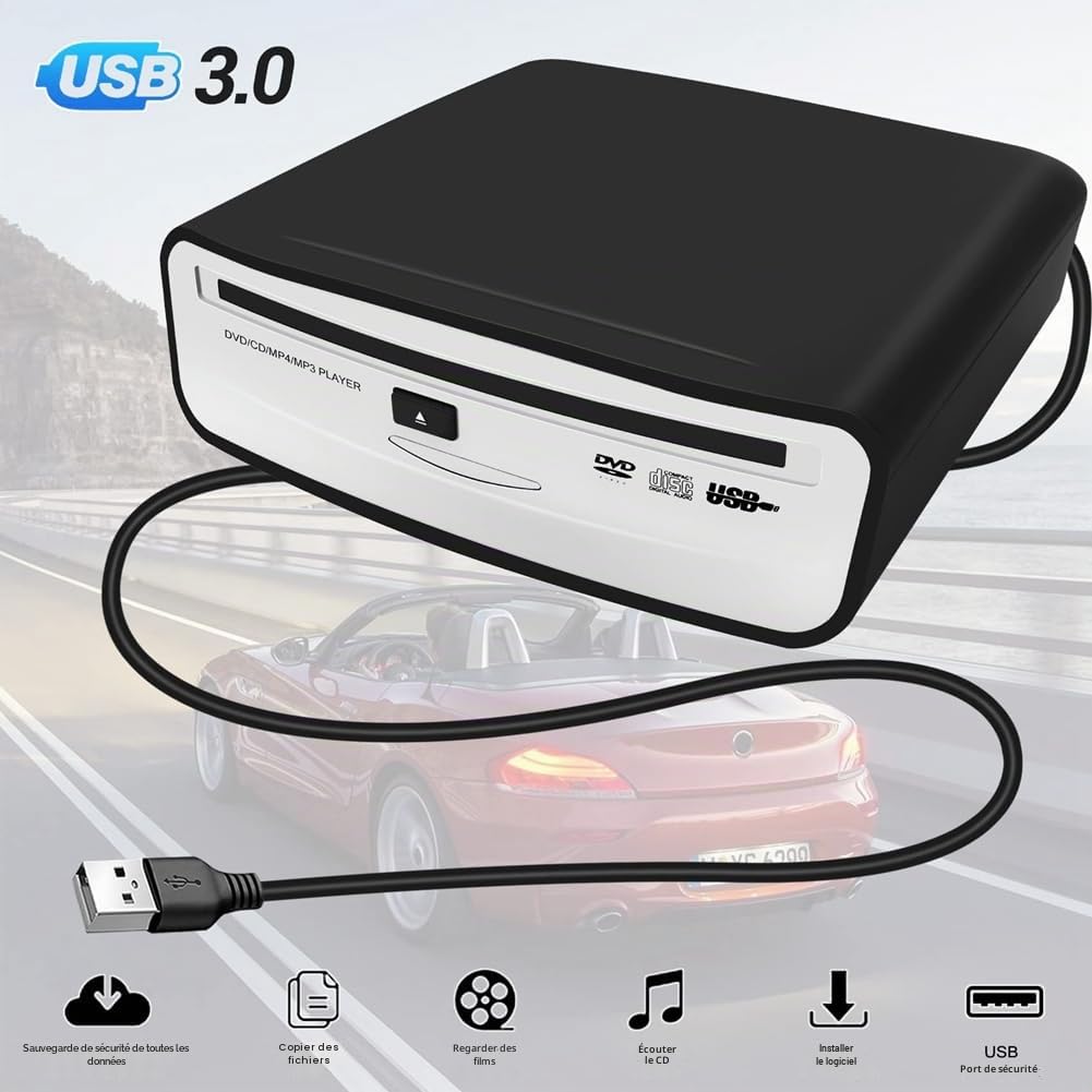 Lecteur CD Externe Portable Universel pour Voiture, Se Branche sur Le Port USB de la Voiture, Ordinateur Portable, Téléviseur pour Android 4.0 et Supérieur Navigation