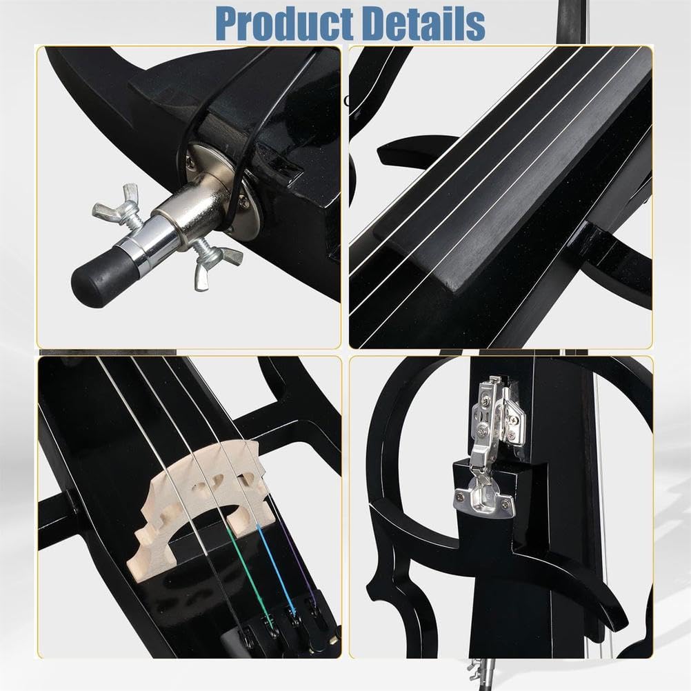 Violoncello Elettrico Nero Metallizzato Legno Massello, Violoncelli 4/4 Sound, Performance Professionali sul Palco, con Custodia, Archetto, Colofonia, Auricolari e Cavo Collegamento