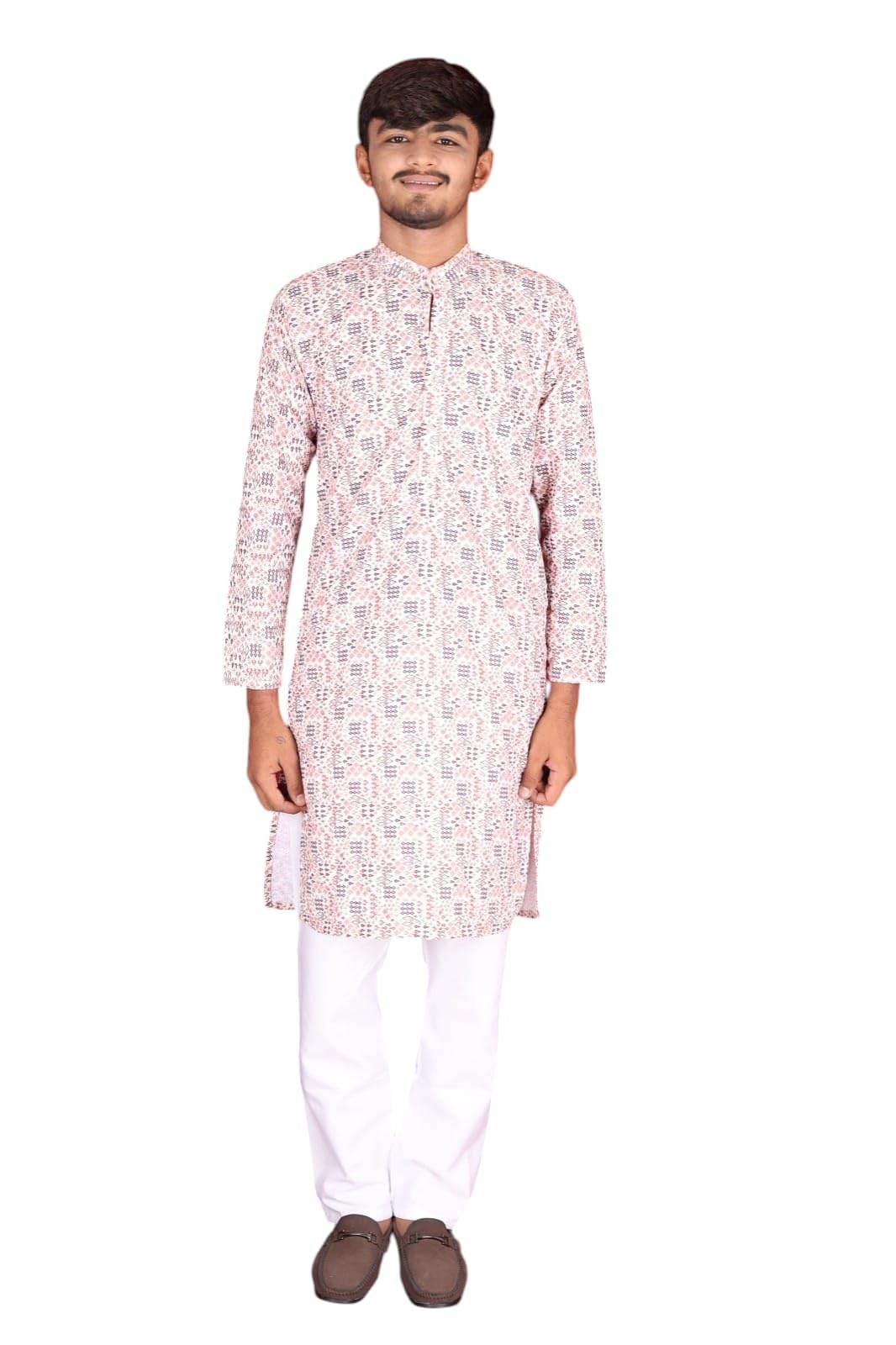 Men's Casual Straight Cut Printed Kurta With White Pants And Brown Shoes-image-21