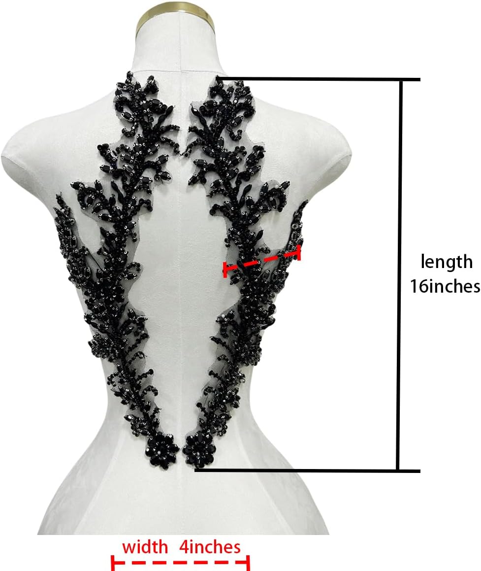 Handmade Beaded Crystal Patches with Rhinestone Applique Designs for Prom Formal Dress 1pair/Bag (Black)