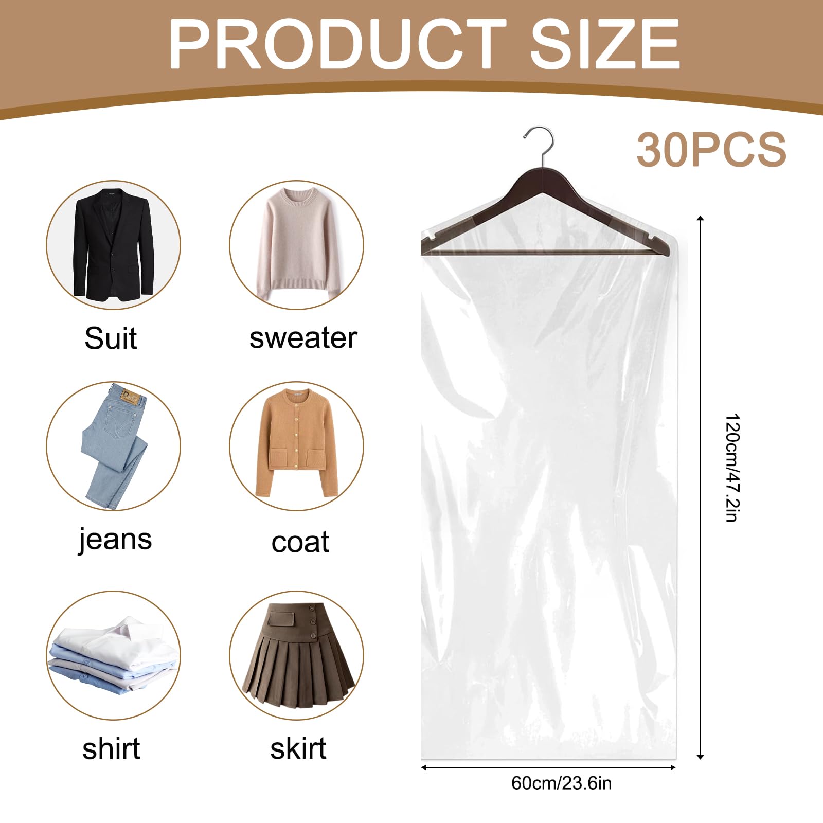 Plastic Garment Bags, 30 Pack Dry Cleaning Bags, Clear Clothes Covers, Dust Proof Garment Protector Covers, Garment Bags - Image 2
