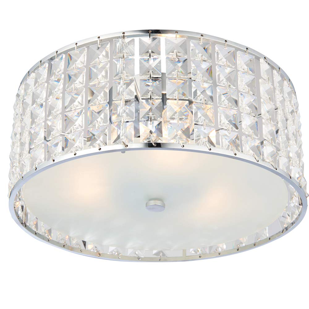 300mm Semi Flush IP44 Ceiling Mounted Bathroom Light | Chrome & Clear Crystal Diffused Shade | Round Modern G9 Lamp Bulb Holder Fitting | Luxury Shower Zone Splash Proof Down Light Kit –LED & Dimmable