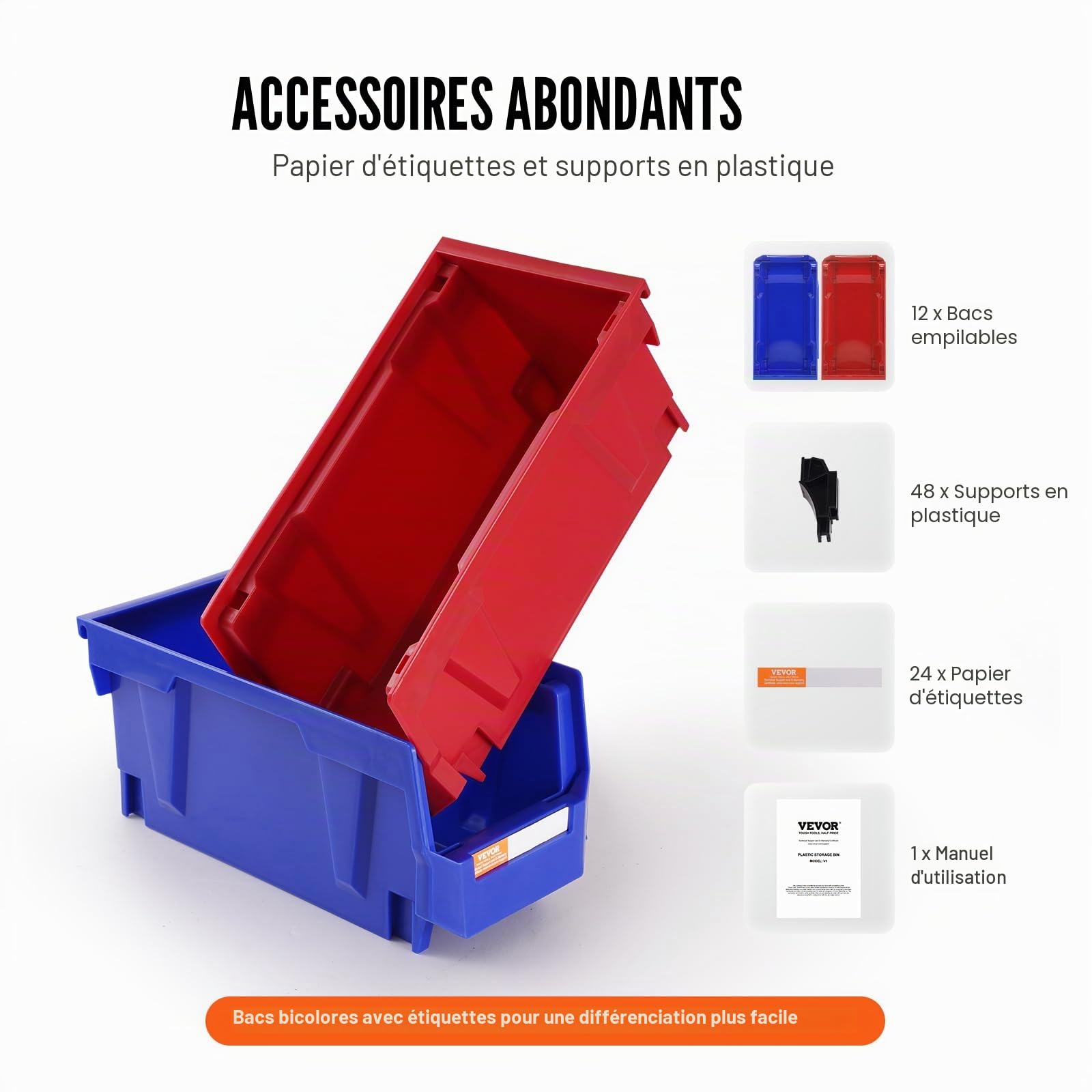 VEVOR Bac à Bec Plastique 12 Boites Rangement Empilables Atelier 276x139x128 mm Bleu/Rouge Combinaison Conteneur de Stockage Robustes pour Placard, Cuisine, Bureau, Garde-manger, Étagère, Mur d'Outils