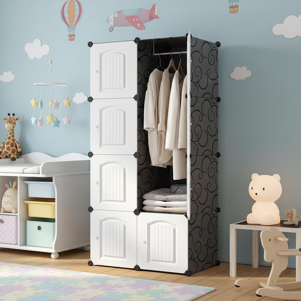 Mevigo Foldable Plastic Wardrobe for Clothes – 8- Door Baby Cupboard for Clothes Storage, Wardrobe for Kids, Plastic Almirah, Collapsible Wardrobe for Kids Livingroom & Home- White-Y5