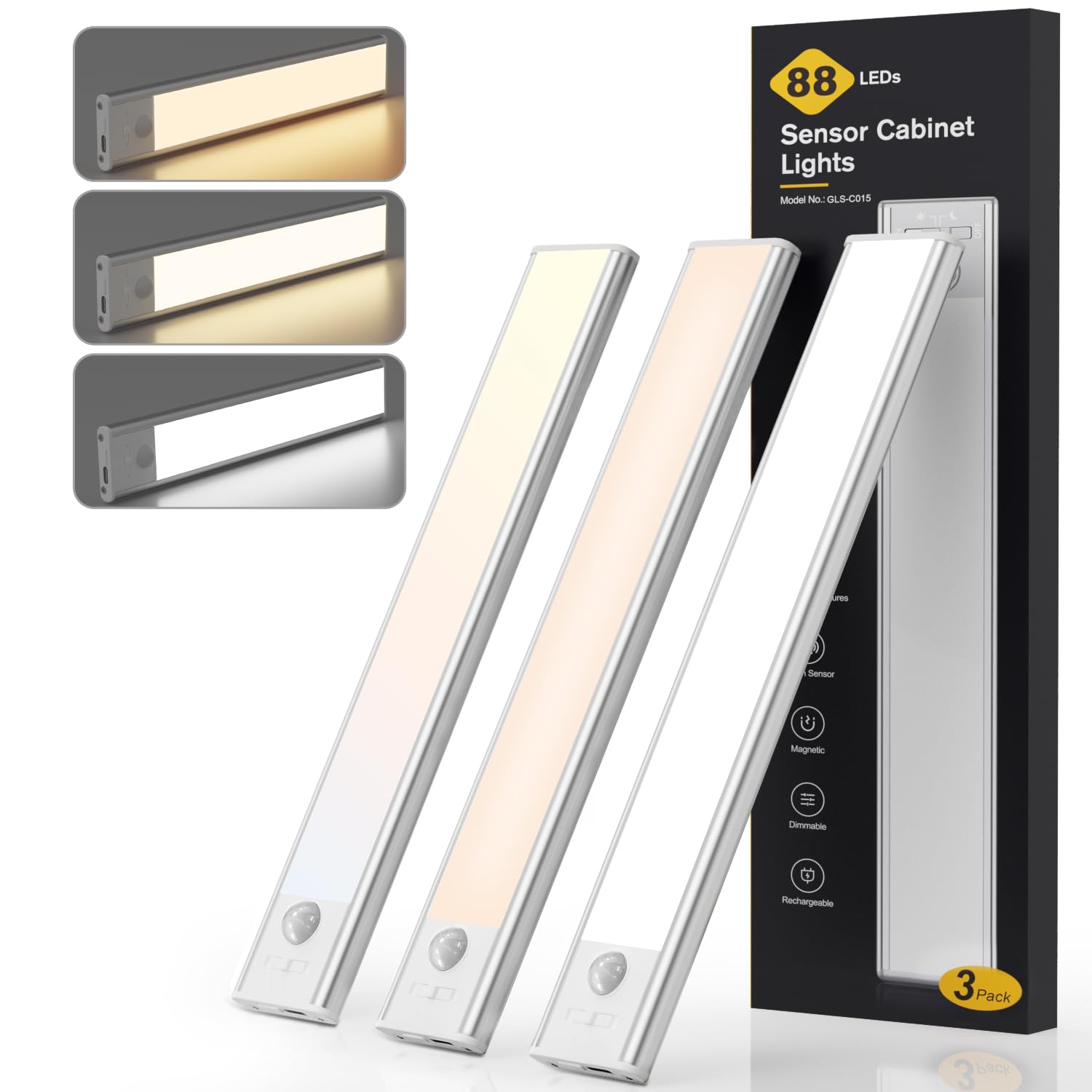 Under Cabinet Kitchen Lights Rechargeable 3 Pack, 88 LED Super Bright Motion Sensor Lights Indoor, 3 Colour Temperatures & Stepless Dimming, Wireless Magnetic Wardrobe Lights with 4 Modes, 25.5cm