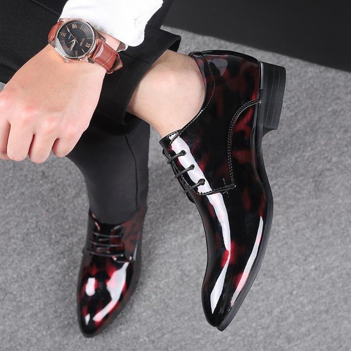 Zapatos De Vestir Cuero Hombre con Cordones - Zapatos De Oxfords Punta Afilada - Charol Estampado Floral for Negocios, Bodas, Fiestas y la Oficina