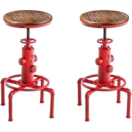 Topower Aged Antique Vintage Industrial Barstool Solid Wood Water Pipe Fire Hydrant Design Cafe Coffee Industrial Bar Stool Set of 2 Antique Red