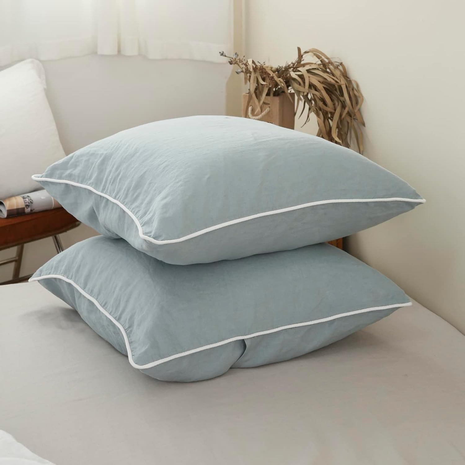 Simple&Opulence 100% Linen Euro Sham Covers with Piping Trim, 26"x26" Pillow Cover Set of 2, Breathable Pillow Shams for Bed Couch Decorative Cushions, Dusty Blue