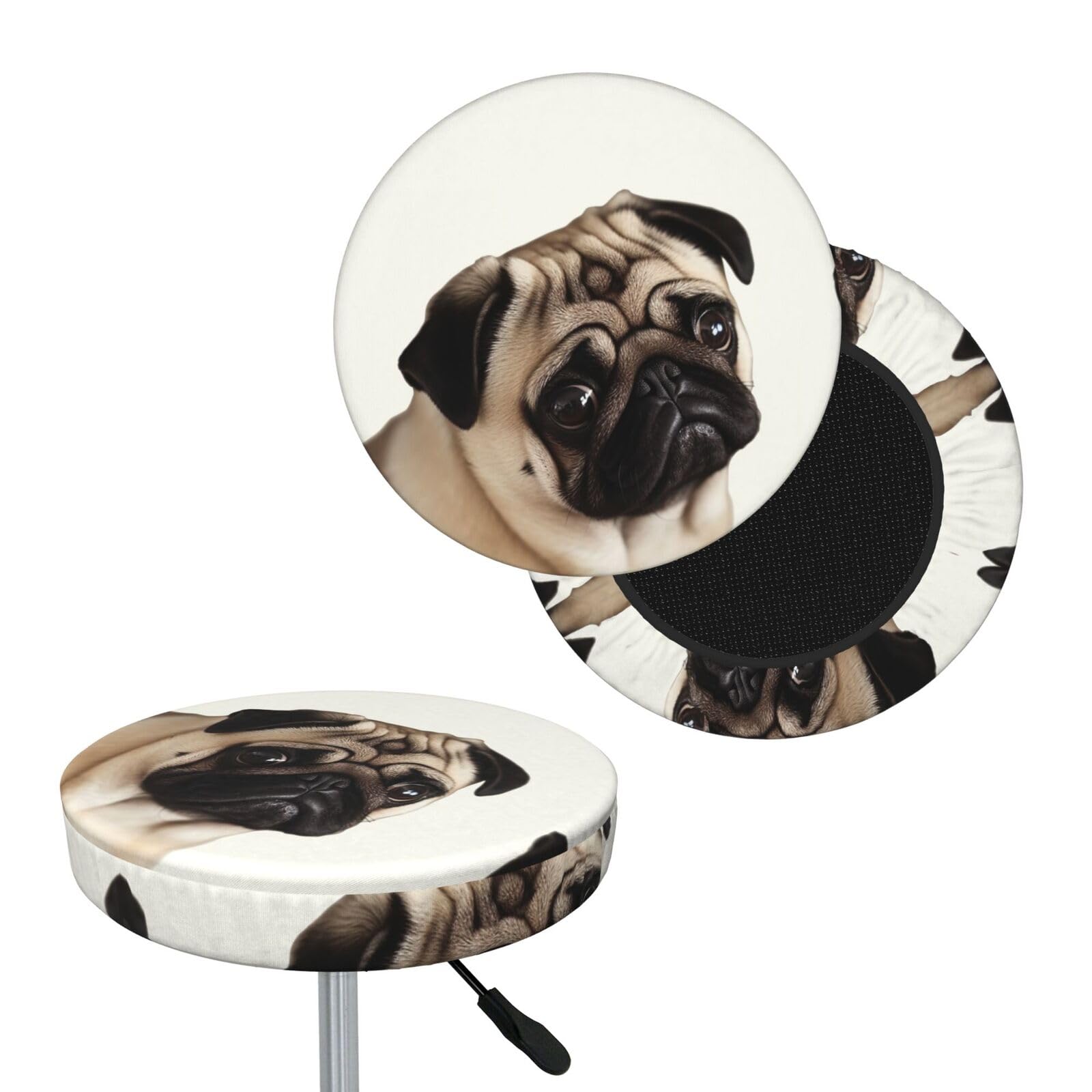 FodPand Pug Dog Bar Stool Cover Round Elastic Stool Cushion Covers Washable Bar Stool Chair Slipcover Stretch Stool Seat Covers for 12-14 Inch Chair